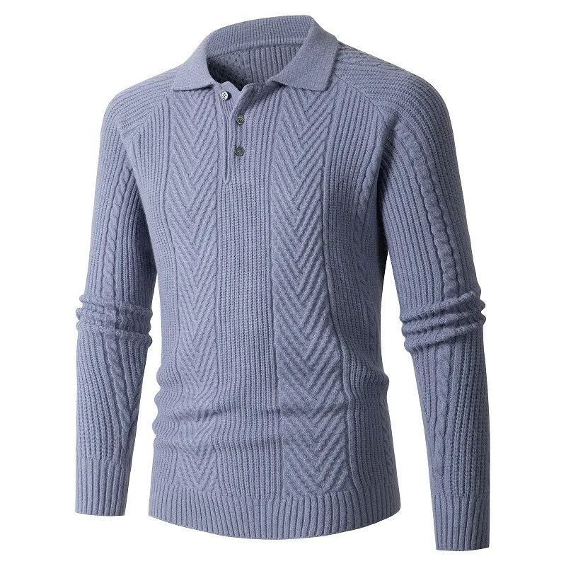 Chemise À Base Slim Pour Hommes Pull À Revers Tricot Jacquard Manteau Épais Automne Et Hiver - Bleu Marine