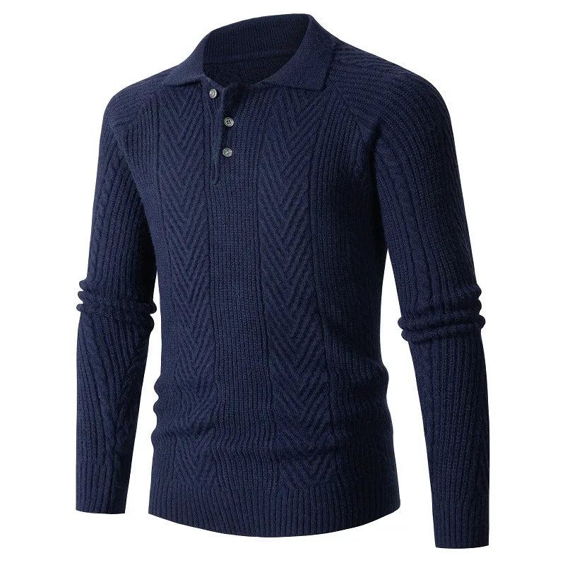 Chemise À Base Slim Pour Hommes Pull À Revers Tricot Jacquard Manteau Épais Automne Et Hiver - Bleu Marine