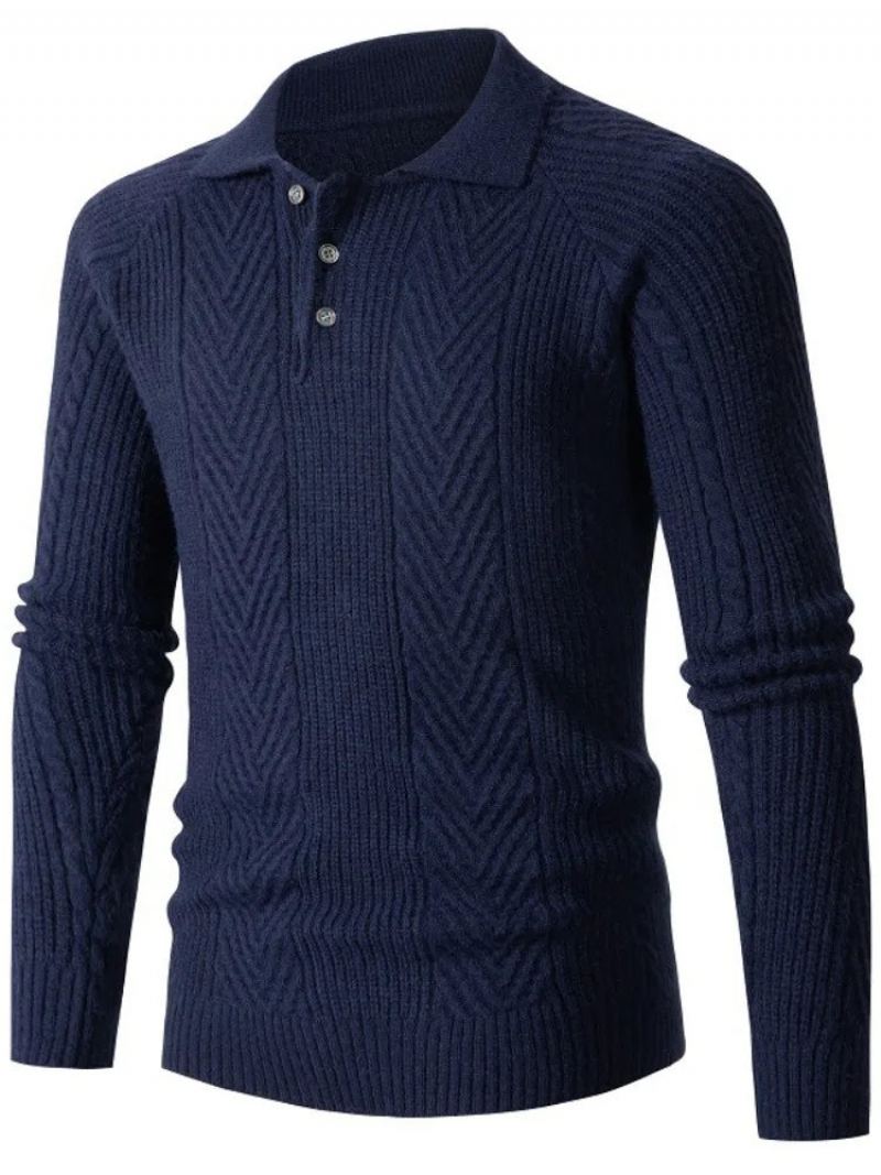 Chemise À Base Slim Pour Hommes Pull À Revers Tricot Jacquard Manteau Épais Automne Et Hiver - Bleu Marine