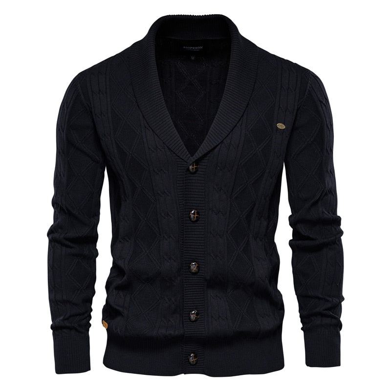 Coton Argyle Cardigan Hommes Décontracté Simple Boutonnage Solide Affaires Cardigans Hiver Pull Homme - Noir