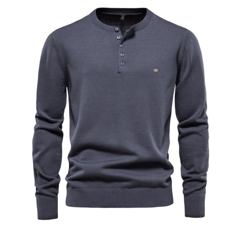 Henley Col Hommes Chandails 100% Coton Couleur Unie Décontracté Pulls Nouveau Automne Mince Haute Qualité Pour - Bleu