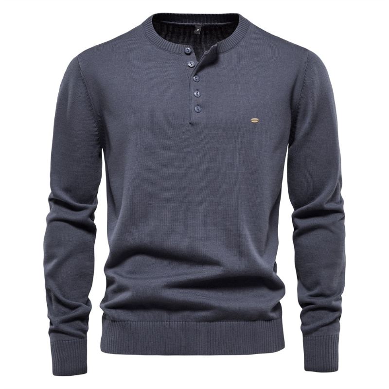 Henley Col Hommes Chandails 100% Coton Couleur Unie Décontracté Pulls Nouveau Automne Mince Haute Qualité Pour - Bleu