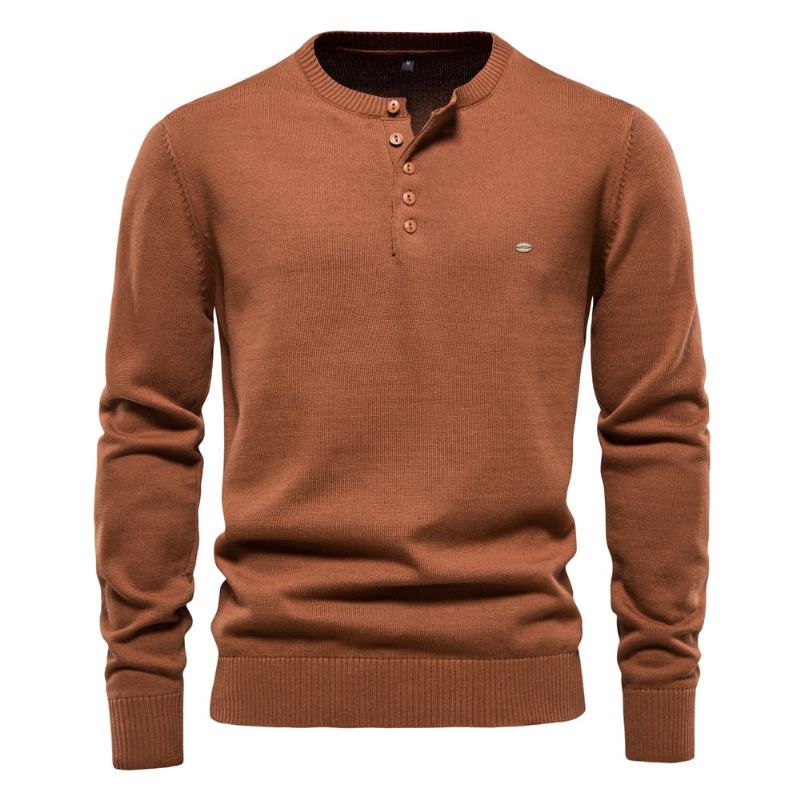 Henley Col Hommes Chandails 100% Coton Couleur Unie Décontracté Pulls Nouveau Automne Mince Haute Qualité Pour - Bleu