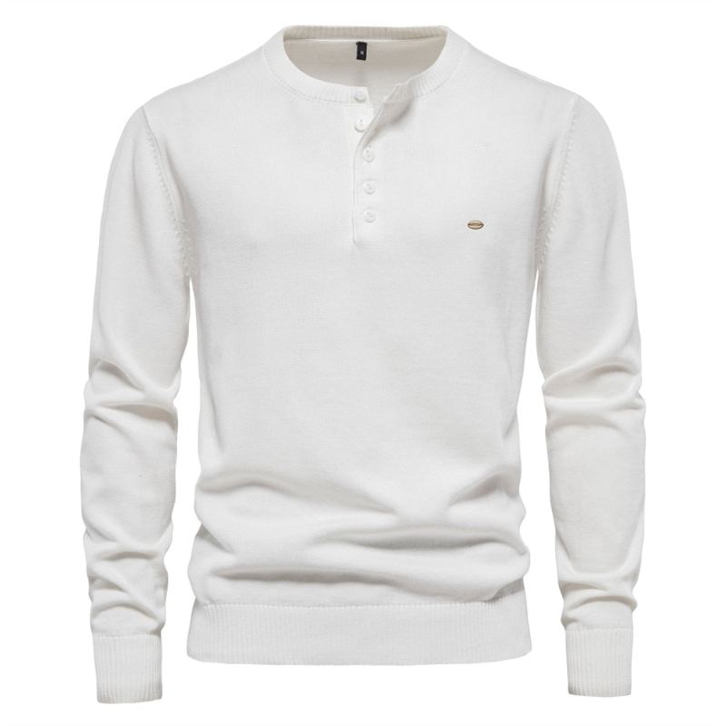 Henley Col Hommes Chandails 100% Coton Couleur Unie Décontracté Pulls Nouveau Automne Mince Haute Qualité Pour - Bleu