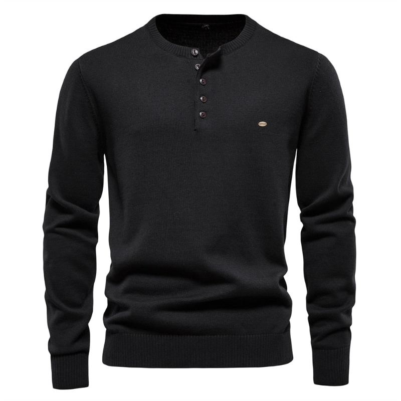 Henley Col Hommes Chandails 100% Coton Couleur Unie Décontracté Pulls Nouveau Automne Mince Haute Qualité Pour - Bleu