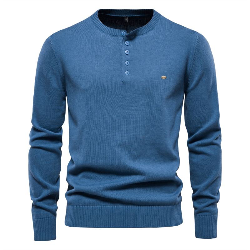 Henley Col Hommes Chandails 100% Coton Couleur Unie Décontracté Pulls Nouveau Automne Mince Haute Qualité Pour - Bleu