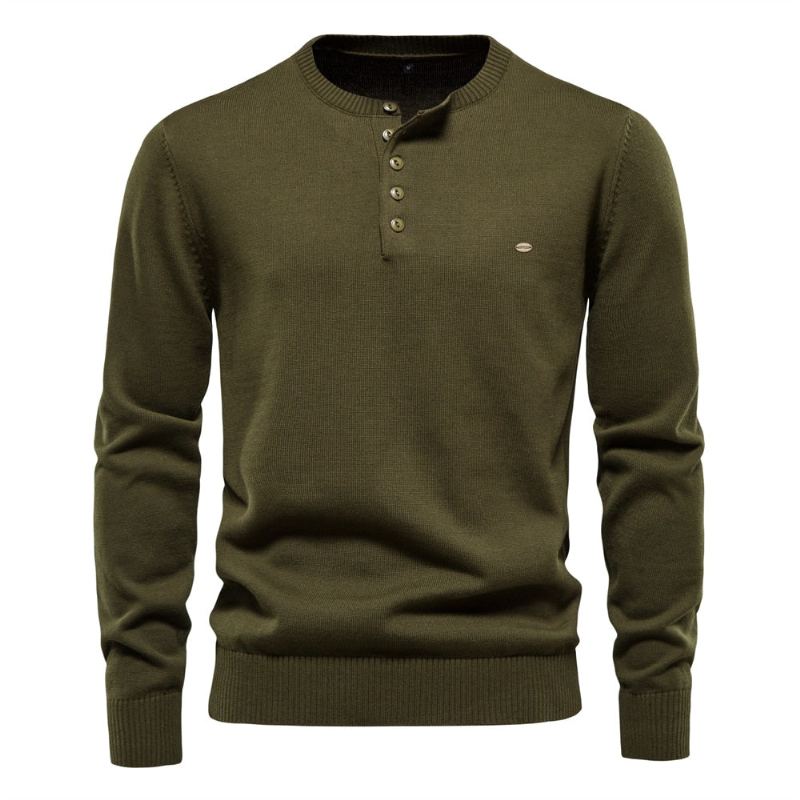 Henley Col Hommes Chandails 100% Coton Couleur Unie Décontracté Pulls Nouveau Automne Mince Haute Qualité Pour - Bleu