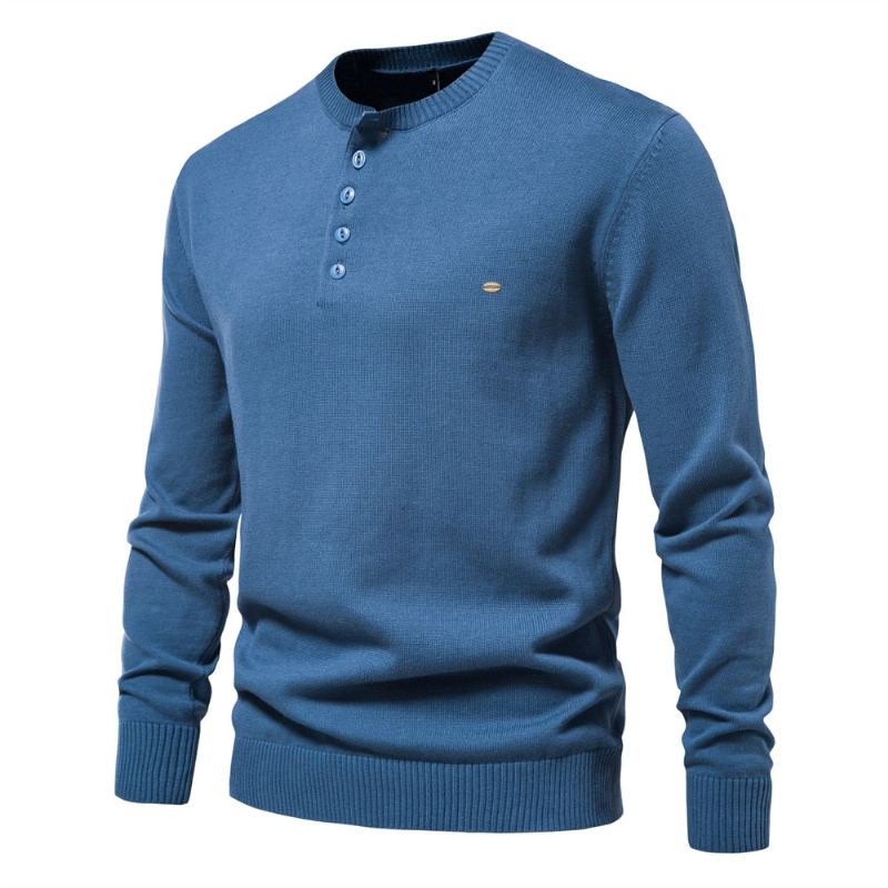 Henley Col Hommes Chandails 100% Coton Couleur Unie Décontracté Pulls Nouveau Automne Mince Haute Qualité Pour - Bleu