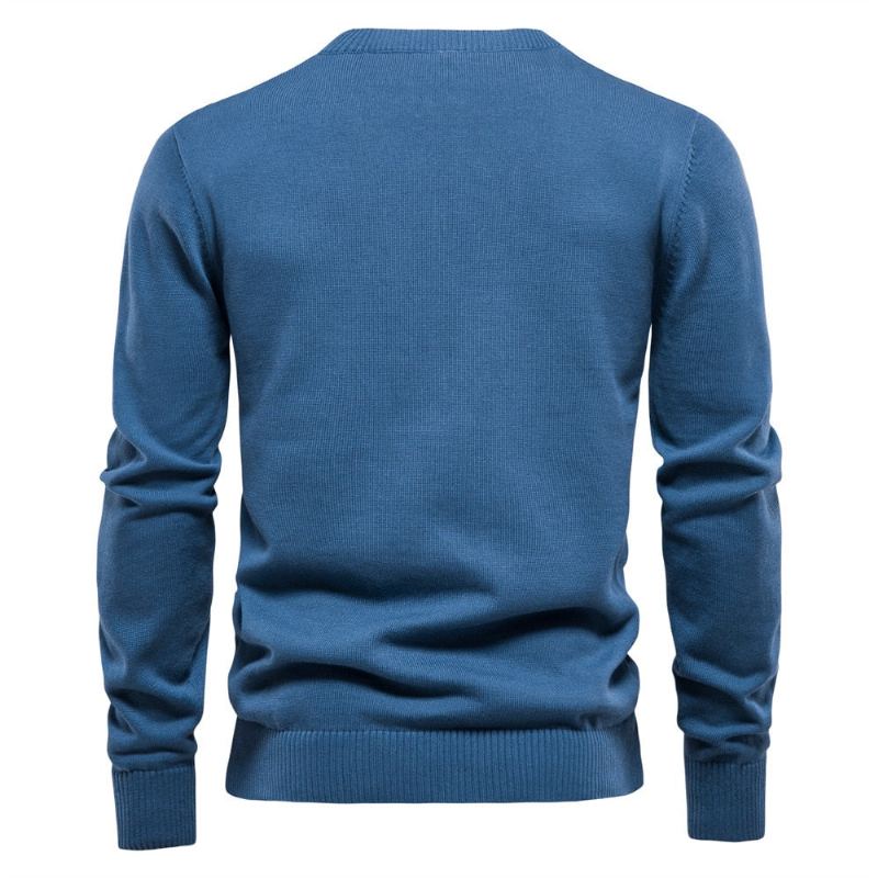 Henley Col Hommes Chandails 100% Coton Couleur Unie Décontracté Pulls Nouveau Automne Mince Haute Qualité Pour - Bleu