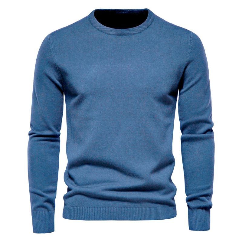 Hiver Épaisseur Pull Hommes Col Rond Couleur Unie À Manches Longues Chaud Mince Chandails Mâle Vêtements - Flog Bleu