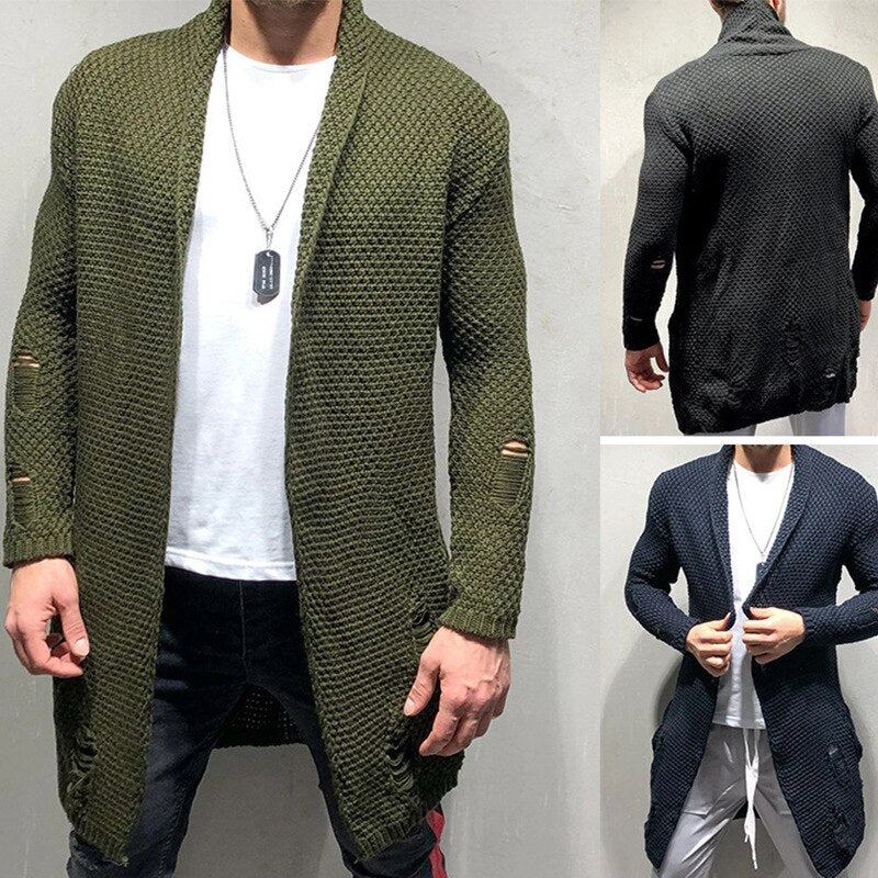 Hommes Cardigan Pull Décontracté Tricoté Pulls Manteau Hauts Streetwear Mi-long Vêtements - Marine