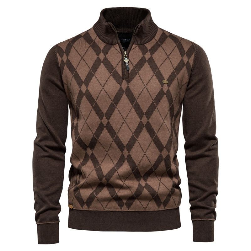 Hommes Chandails Coton Col Montant Fermeture Éclair Patchwork Pull Hiver Haute Qualité Chaud Pour - Café