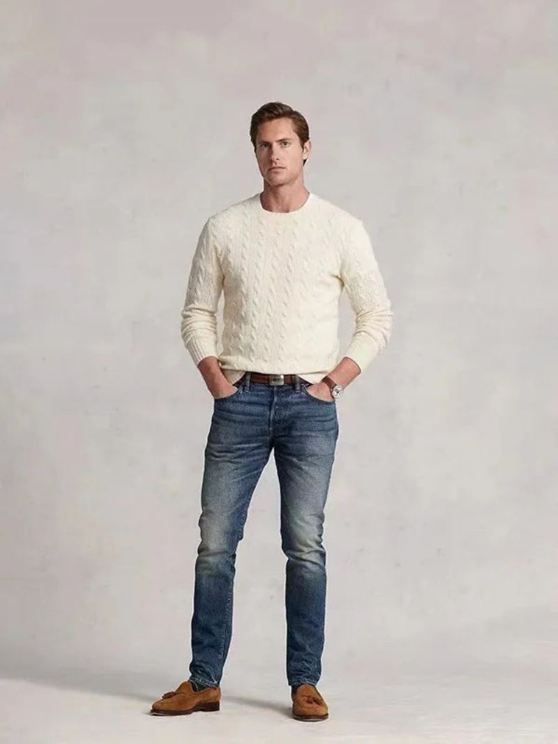 Hommes Cheval Pull Solide Décontracté Homme - Beige