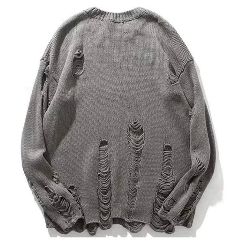 Hommes Trou Tricots Ample Rétro Simple Col Rond Pull Mâle Streetwear Décontracté Solide - Gris