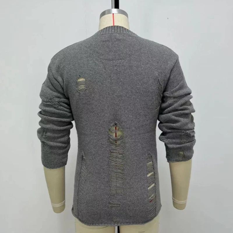 Hommes Trou Tricots Ample Rétro Simple Col Rond Pull Mâle Streetwear Décontracté Solide - Gris