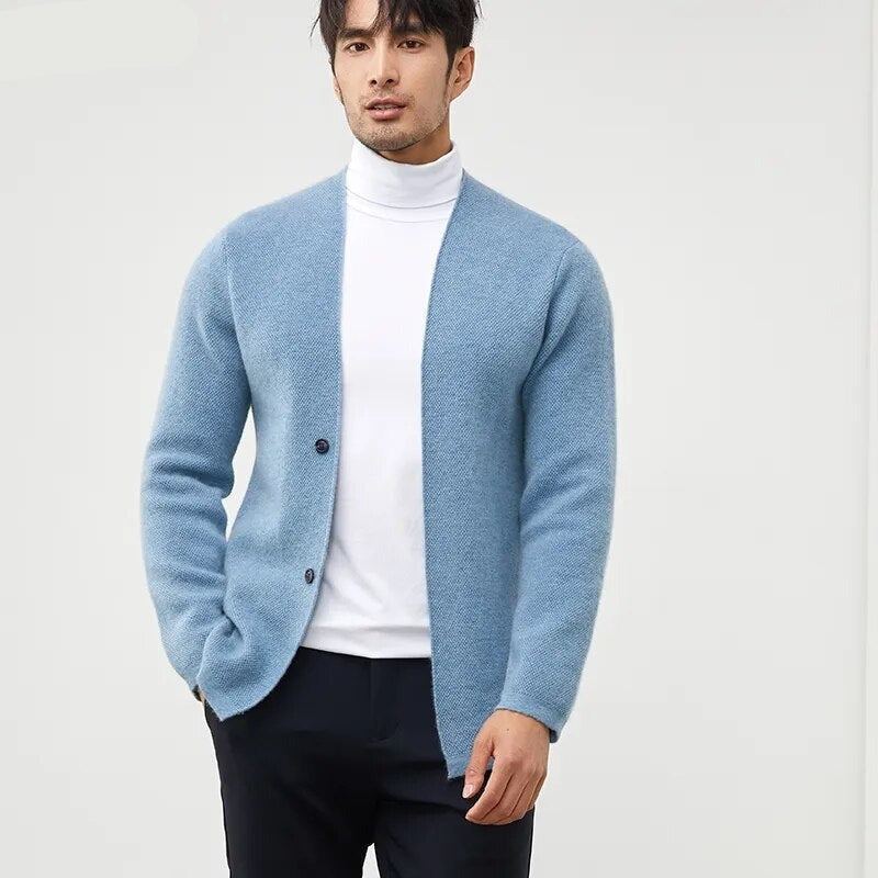 Manteau En Cachemire D'automne Pour Hommes Pull Cardigan Jeunes Veste Épaisse En Tricot Chemise À Bascule Haut De Gamme - Noir