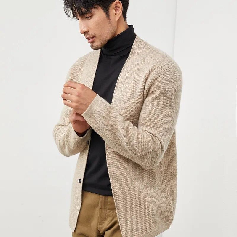 Manteau En Cachemire D'automne Pour Hommes Pull Cardigan Jeunes Veste Épaisse En Tricot Chemise À Bascule Haut De Gamme - Noir