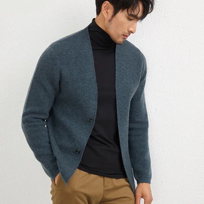 Manteau En Cachemire D'automne Pour Hommes Pull Cardigan Jeunes Veste Épaisse En Tricot Chemise À Bascule Haut De Gamme - Noir