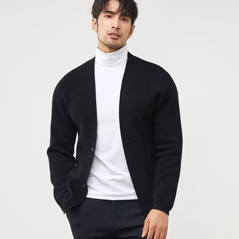 Manteau En Cachemire D'automne Pour Hommes Pull Cardigan Jeunes Veste Épaisse En Tricot Chemise À Bascule Haut De Gamme - Noir