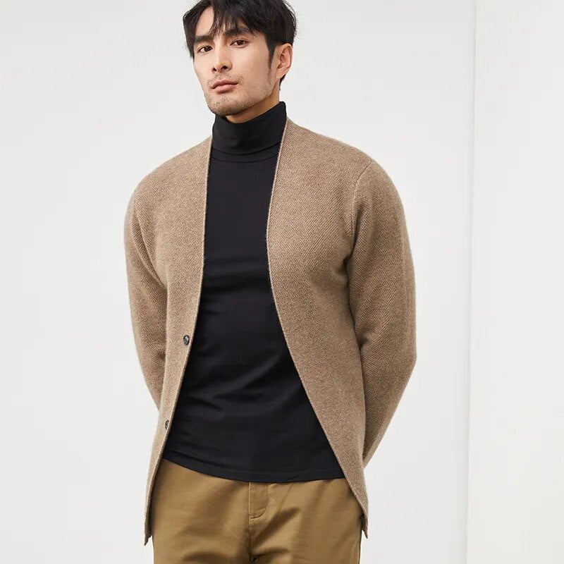 Manteau En Cachemire D'automne Pour Hommes Pull Cardigan Jeunes Veste Épaisse En Tricot Chemise À Bascule Haut De Gamme - Noir