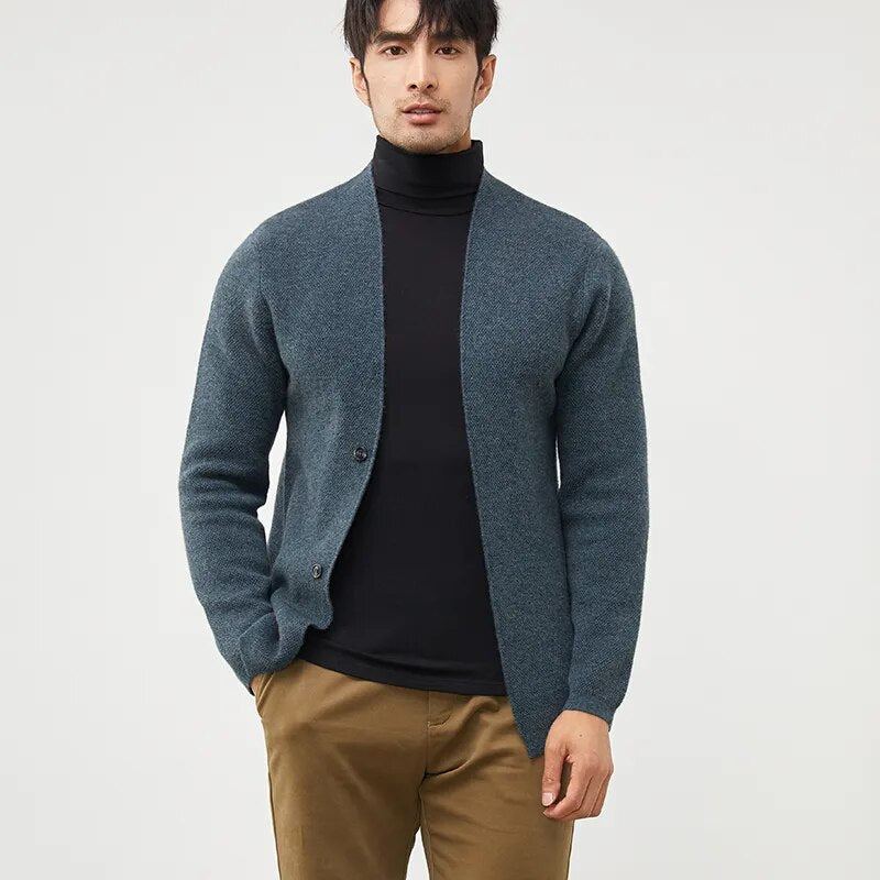 Manteau En Cachemire D'automne Pour Hommes Pull Cardigan Jeunes Veste Épaisse En Tricot Chemise À Bascule Haut De Gamme - Noir