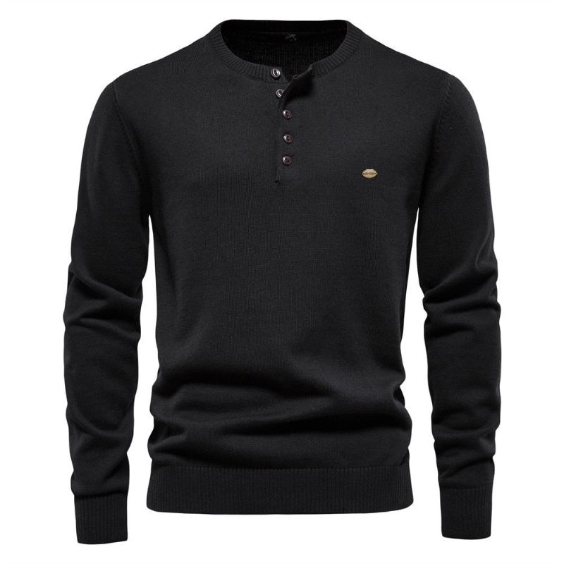 Pull À Col Henry Solide Pour Hommes En Coton Décontracté Et Confortable En Tricot D'automne Et D'hiver - Noir