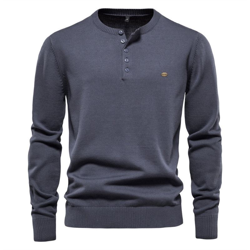 Pull À Col Henry Solide Pour Hommes En Coton Décontracté Et Confortable En Tricot D'automne Et D'hiver - Noir