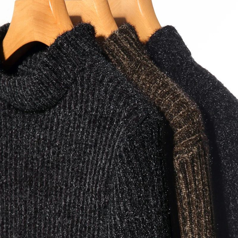 Pull Épais Et Chaud À Col Roulé Pour Homme Vêtement En Tricot Coupe Cintrée En Jersey Hiver - Noir