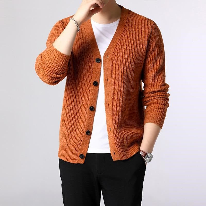 Pull Hommes Cardigan Épais Coupe Ajustée Pulls Tricots Chaud Hiver Style Vêtements De Sport Mâle - Jaune