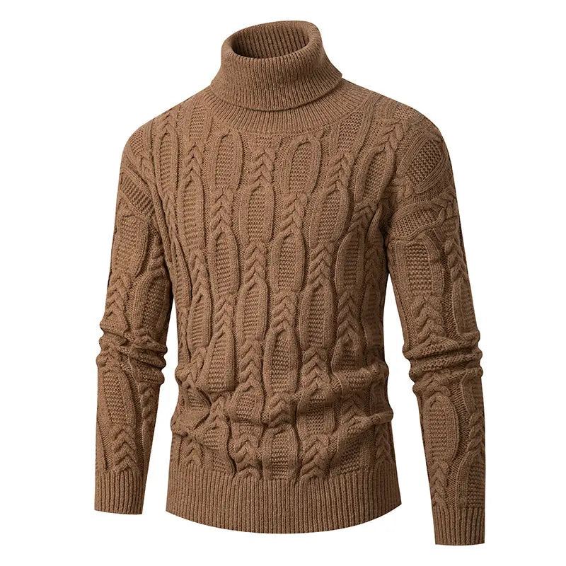 Pull Jacquard Col Roulé Homme Vintage Chaud Solide Marque Luxe - Beige Blanc