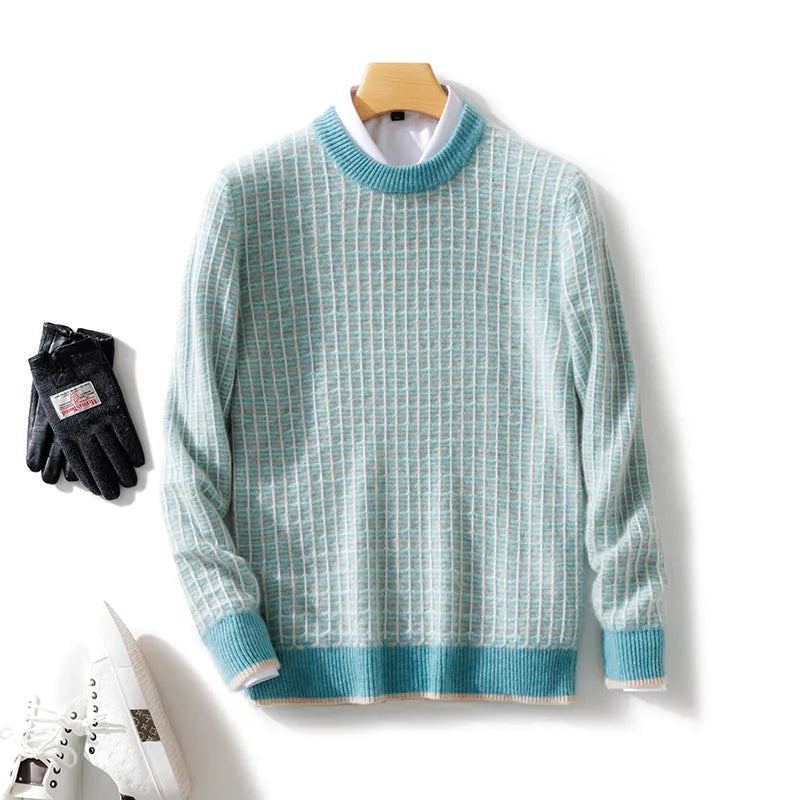 Pull En Laine Mérinos Pour Hommes Col Rond À Carreaux Tricoté De Haute Qualité En Cachemire Automne Et Hiver - Bleu