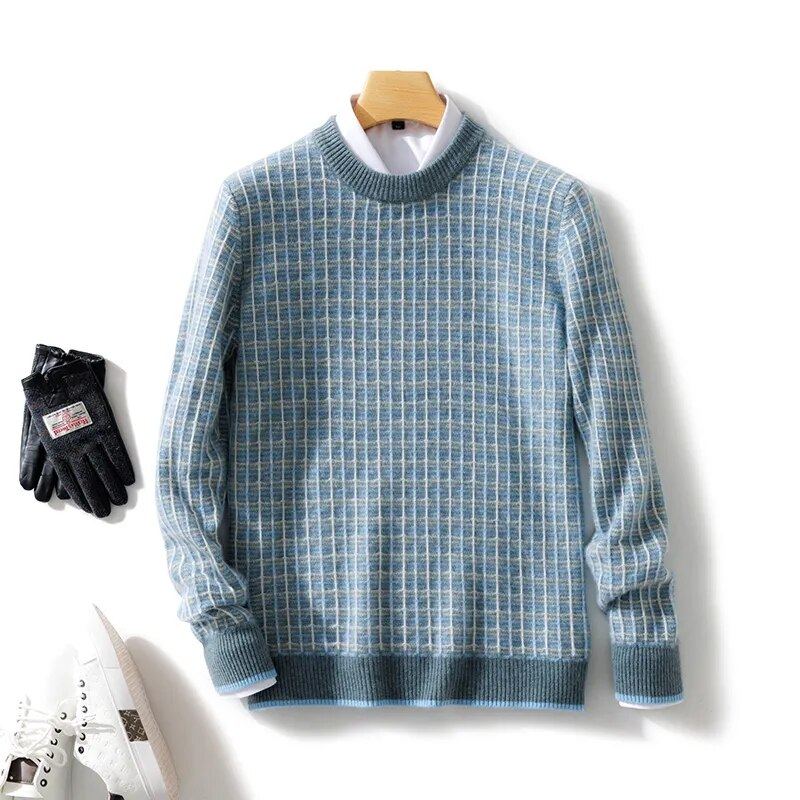 Pull En Laine Mérinos Pour Hommes Col Rond À Carreaux Tricoté De Haute Qualité En Cachemire Automne Et Hiver - Bleu