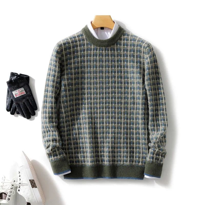 Pull En Laine Mérinos Pour Hommes Col Rond À Carreaux Tricoté De Haute Qualité En Cachemire Automne Et Hiver - Bleu