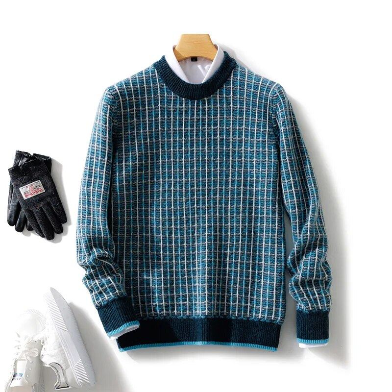 Pull En Laine Mérinos Pour Hommes Col Rond À Carreaux Tricoté De Haute Qualité En Cachemire Automne Et Hiver - Bleu