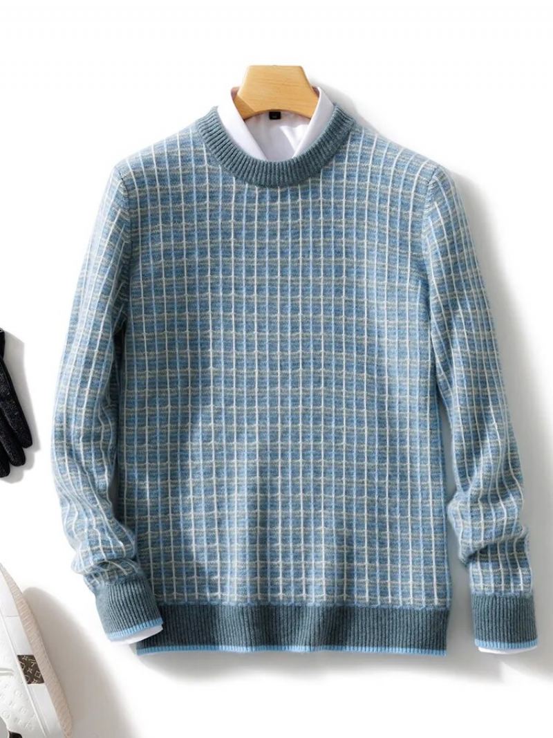 Pull En Laine Mérinos Pour Hommes Col Rond À Carreaux Tricoté De Haute Qualité En Cachemire Automne Et Hiver - Bleu