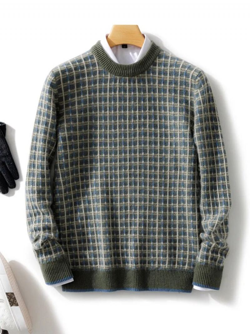 Pull En Laine Mérinos Pour Hommes Col Rond À Carreaux Tricoté De Haute Qualité En Cachemire Automne Et Hiver - Bleu