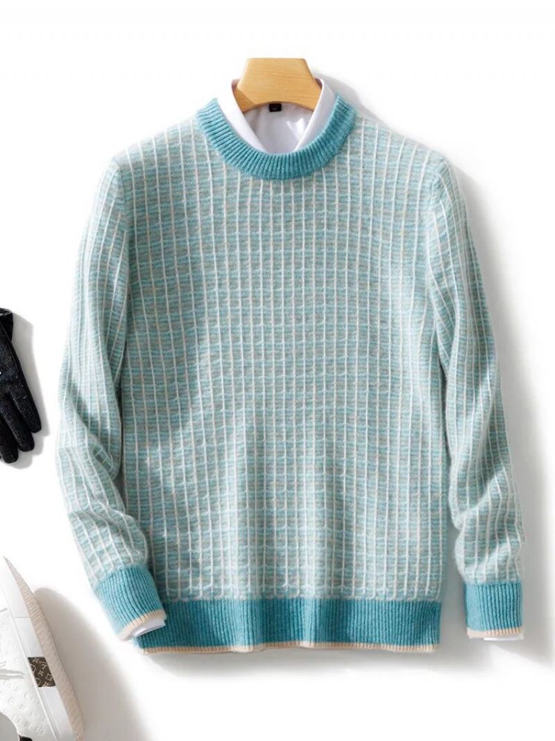 Pull En Laine Mérinos Pour Hommes Col Rond À Carreaux Tricoté De Haute Qualité En Cachemire Automne Et Hiver - Bleu