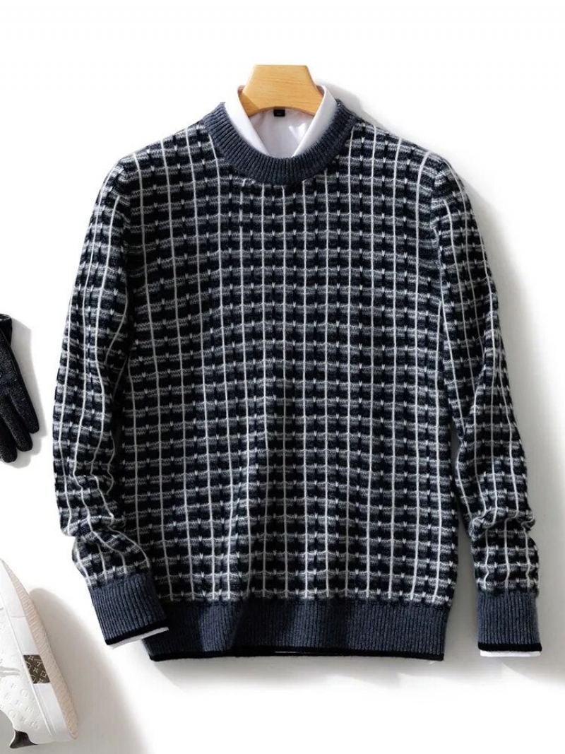 Pull En Laine Mérinos Pour Hommes Col Rond À Carreaux Tricoté De Haute Qualité En Cachemire Automne Et Hiver - Bleu