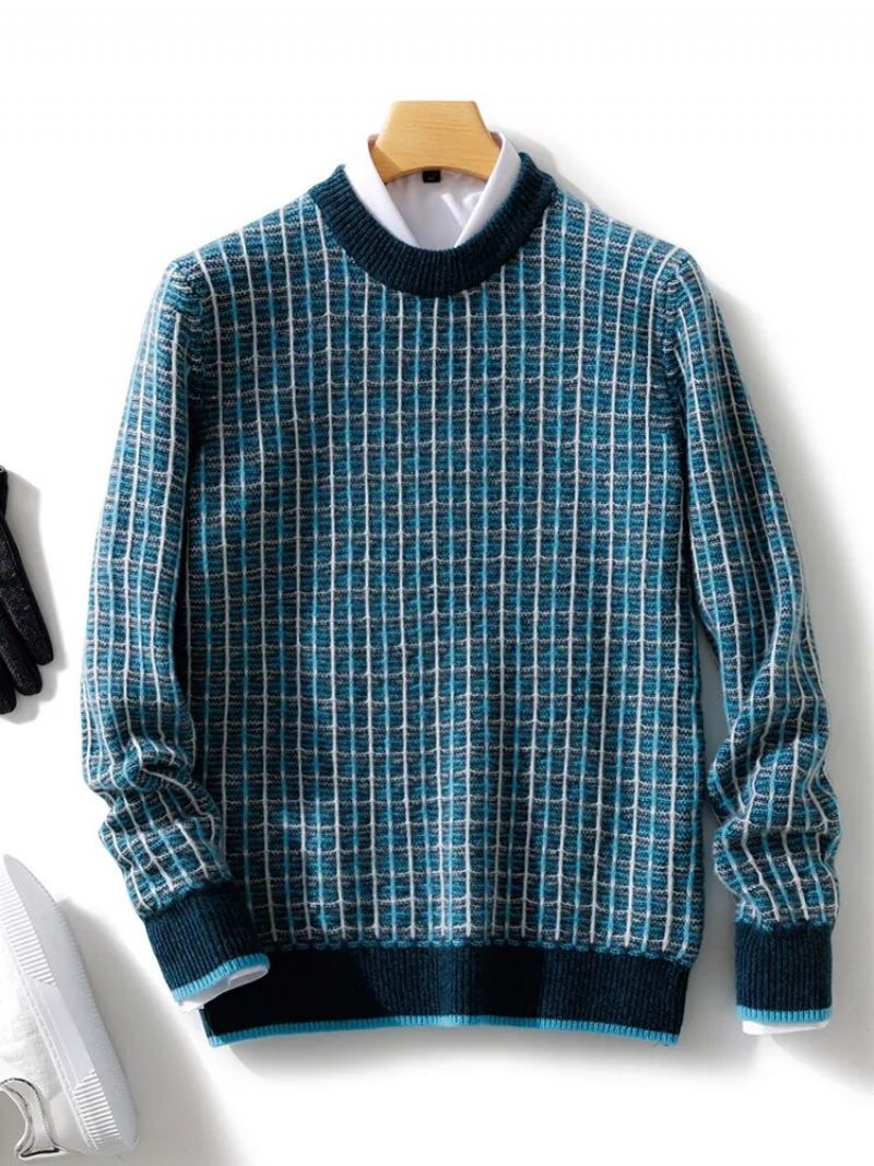 Pull En Laine Mérinos Pour Hommes Col Rond À Carreaux Tricoté De Haute Qualité En Cachemire Automne Et Hiver - Bleu