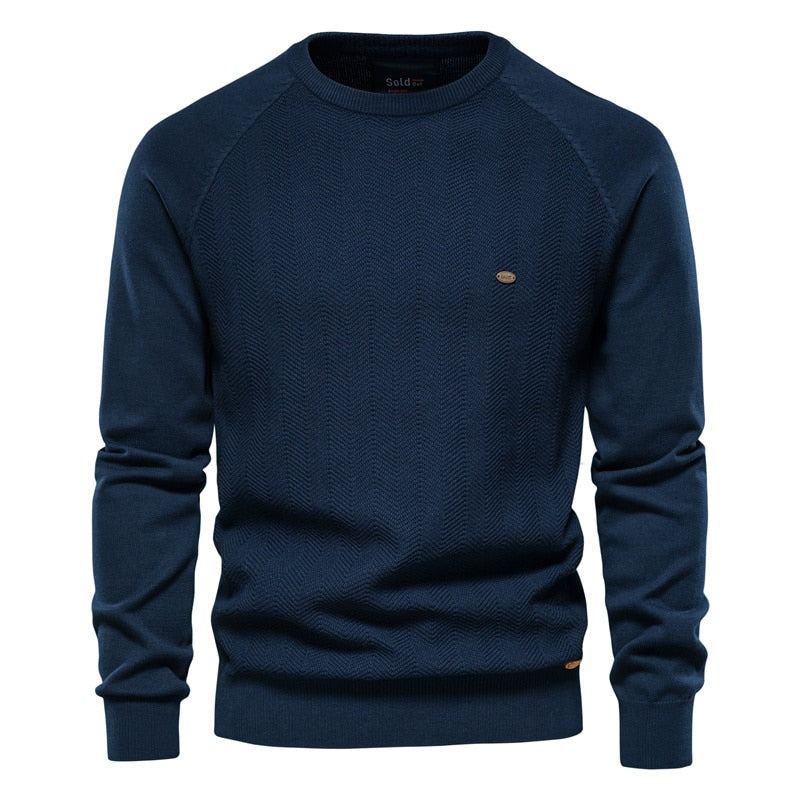 Pull À Manches Longues En Coton Pour Hommes Décontracté Couleur Unie Pulls Tricotés De Base Nouvelle Qualité D'hiver - Bleu Marine