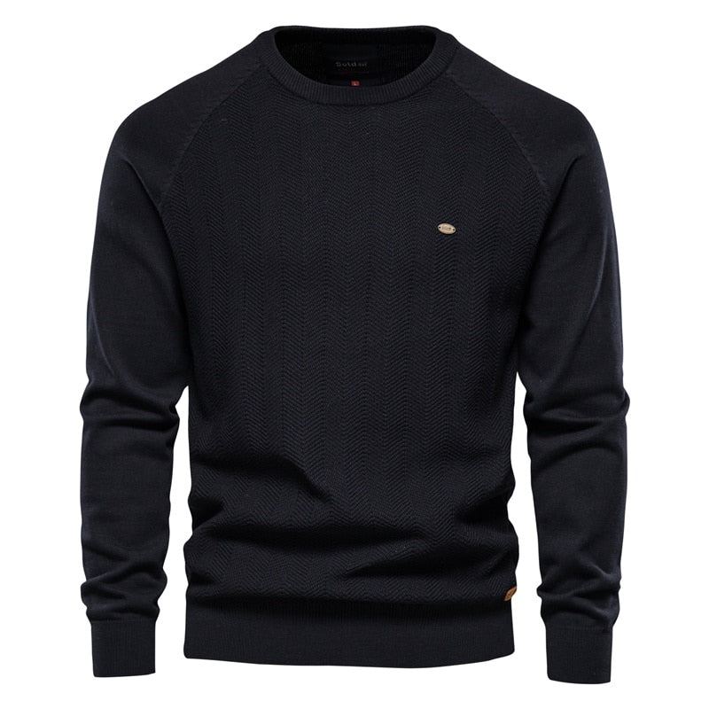 Pull À Manches Longues En Coton Pour Hommes Décontracté Couleur Unie Pulls Tricotés De Base Nouvelle Qualité D'hiver - Bleu Marine