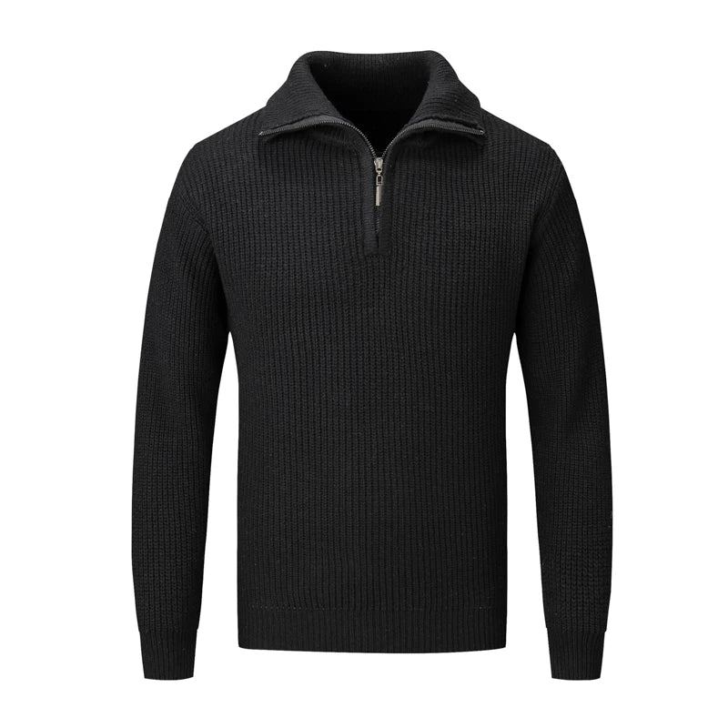 Pull Polaire Plus Épais À Col Roulé Et Demi-fermeture Éclair Pour Homme Chaud En Laine Tricoté Slim Le Printemps Hiver - Noir