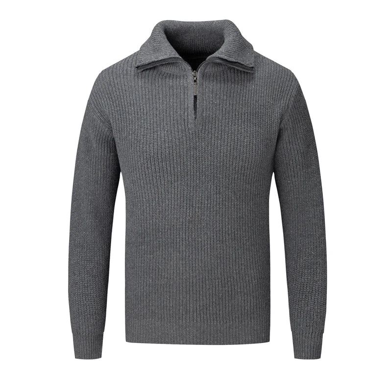 Pull Polaire Plus Épais À Col Roulé Et Demi-fermeture Éclair Pour Homme Chaud En Laine Tricoté Slim Le Printemps Hiver - Noir