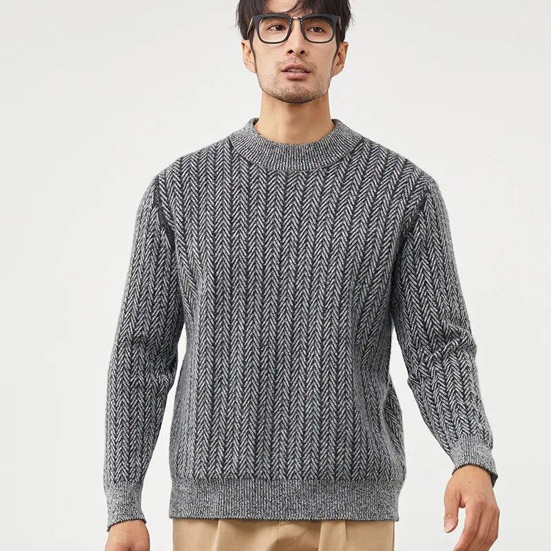 Pull En Pur Cachemire Pour Hommes À Col Rond Veste Épaisse En Tricot Haut De Gamme Chemise Chaude Jeunes - Bleu Et Blanc