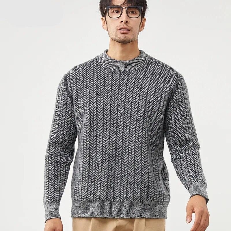 Pull En Pur Cachemire Pour Hommes À Col Rond Veste Épaisse En Tricot Haut De Gamme Chemise Chaude Jeunes - Bleu Et Blanc