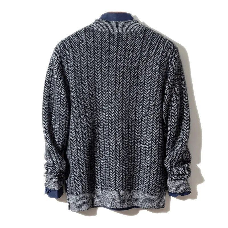 Pull En Pur Cachemire Pour Hommes À Col Rond Veste Épaisse En Tricot Haut De Gamme Chemise Chaude Jeunes - Bleu Et Blanc