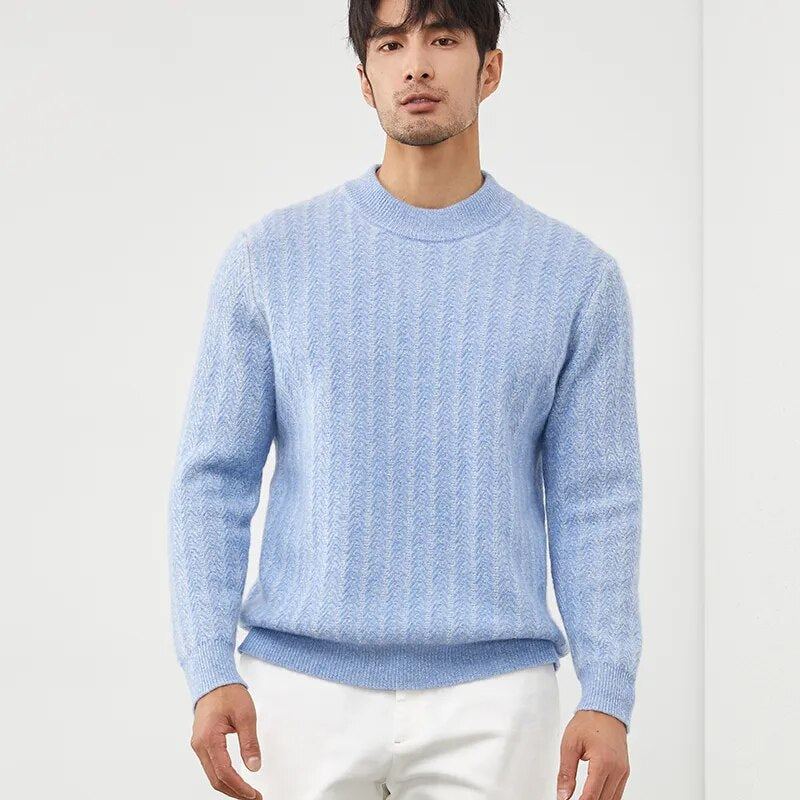 Pull En Pur Cachemire Pour Hommes À Col Rond Veste Épaisse En Tricot Haut De Gamme Chemise Chaude Jeunes - Bleu Et Blanc