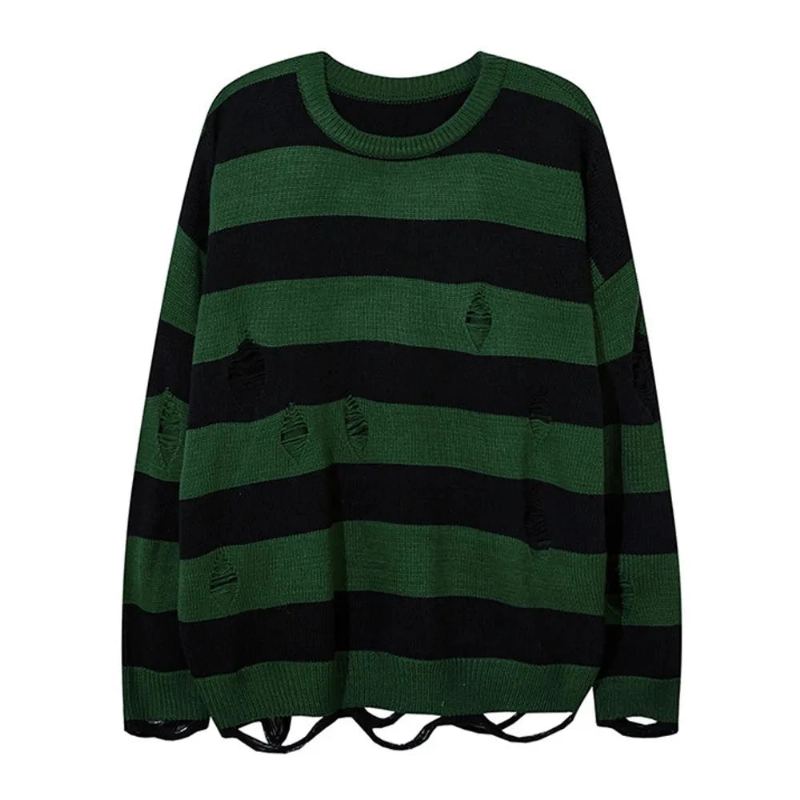 Pull Rayé Déchiré Trou Streetwear Vintage Détruit Pulls Tricotés Hommes Femmes Surdimensionné Tricots Amples - Vert