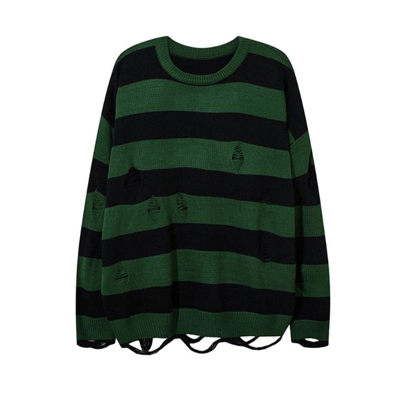 Pull Rayé Déchiré Trou Streetwear Vintage Détruit Pulls Tricotés Hommes Femmes Surdimensionné Tricots Amples - Vert