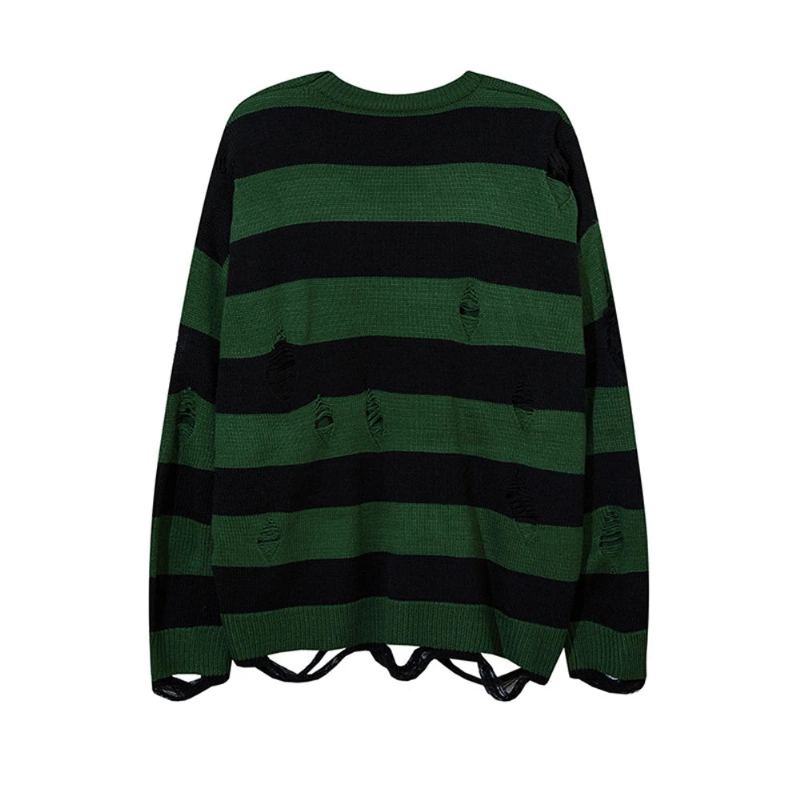 Pull Rayé Déchiré Trou Streetwear Vintage Détruit Pulls Tricotés Hommes Femmes Surdimensionné Tricots Amples - Vert